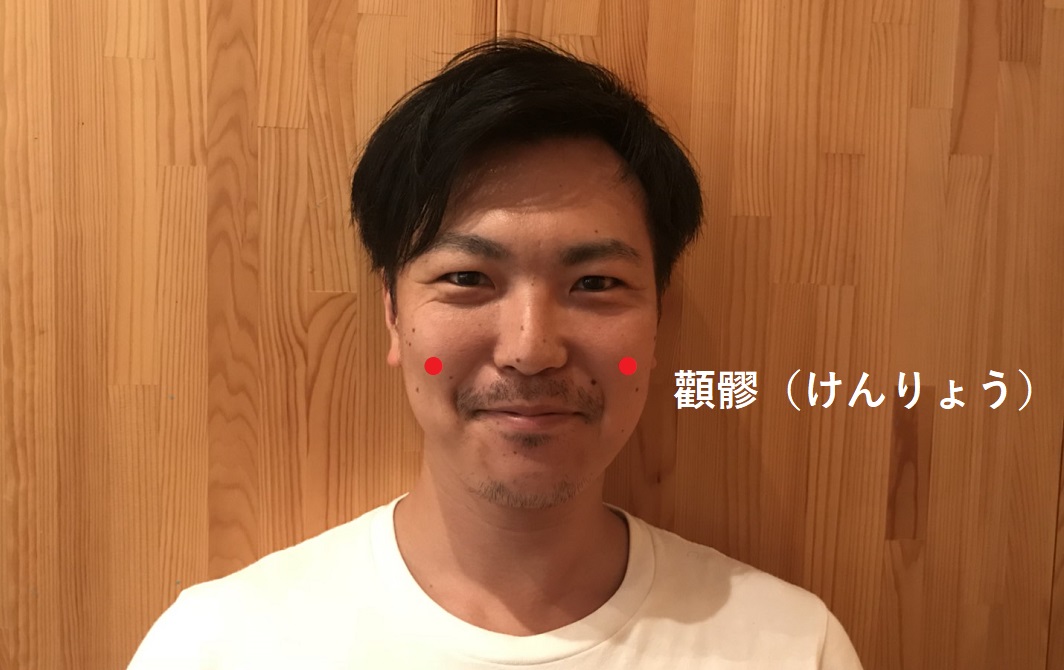 顴髎のツボのポントをはった男性