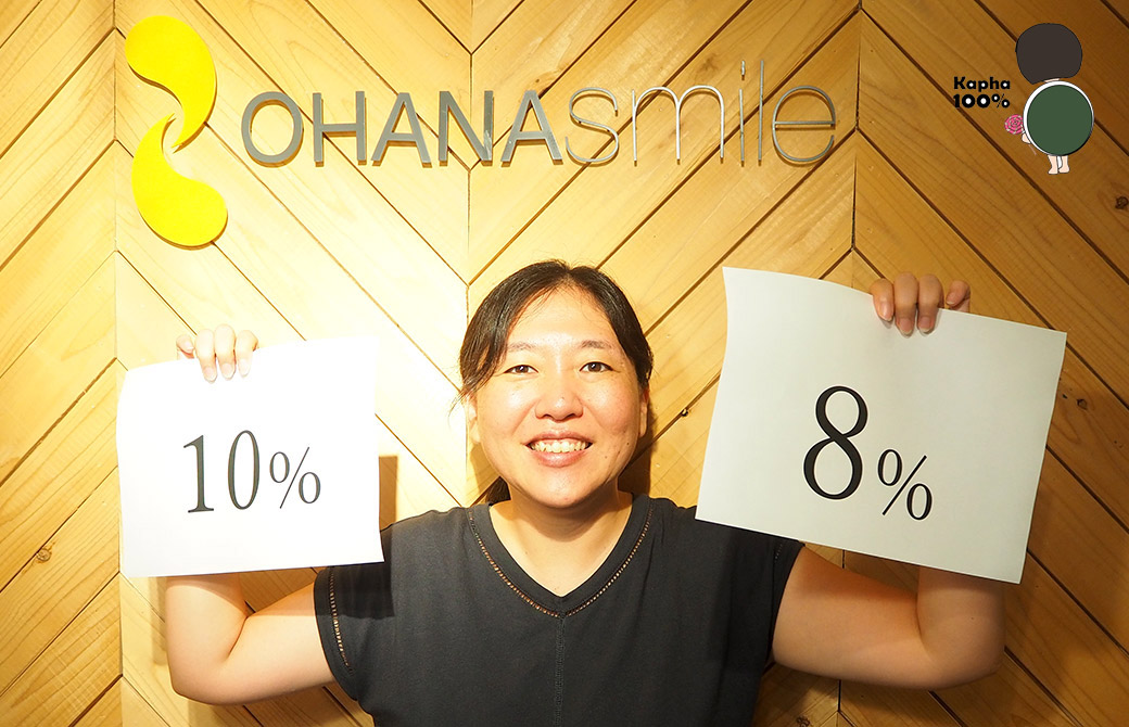 亀井裕子が8%と10%の紙を持っている様子