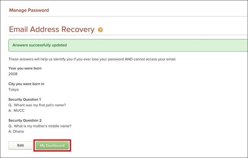 Account Recovery設定完了画面