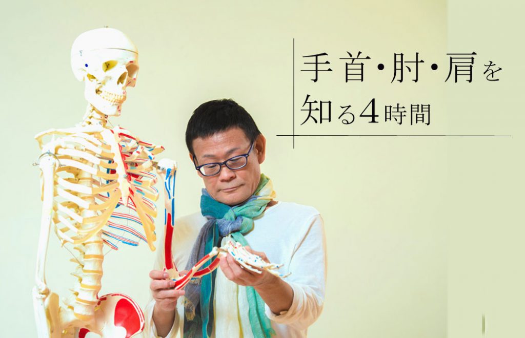 内田先生が骨の腕を見つめている