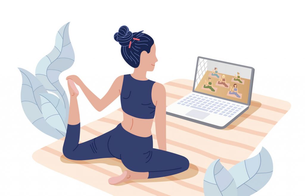 パソコンの画面の前でヨガをする女性 イラスト