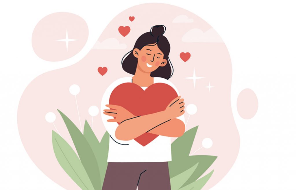 女性がハートを抱えて嬉しそうなイラスト